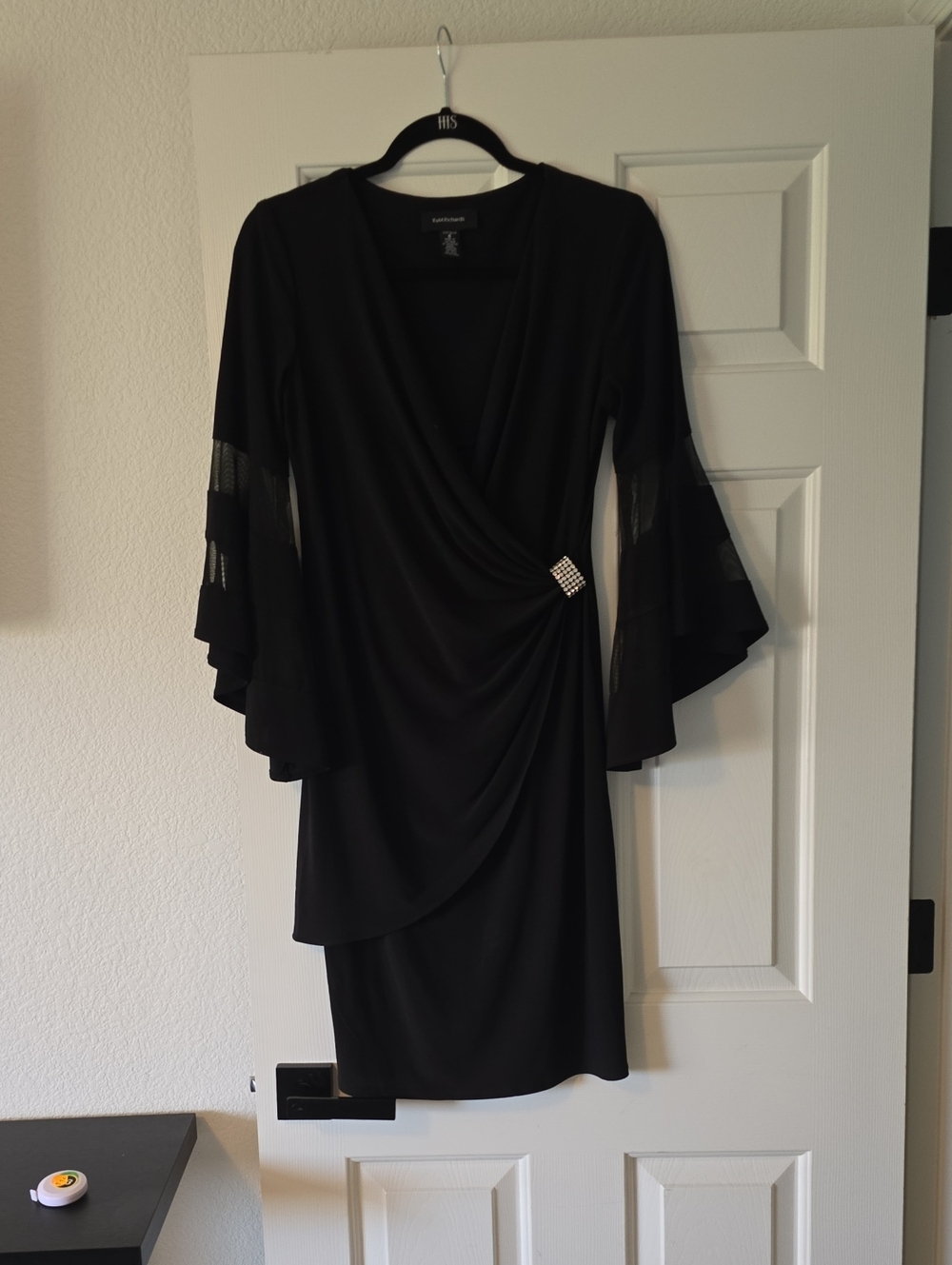 R&M Richards Black Draped Sheer Bell Sleeve Dress with Rhinestone Accent
